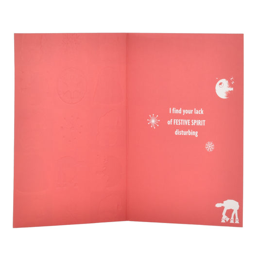 Hallmark Christmas Card - Star Wars™ Festive Spirit, inside view, features embossed design, festive red background, humorous message.