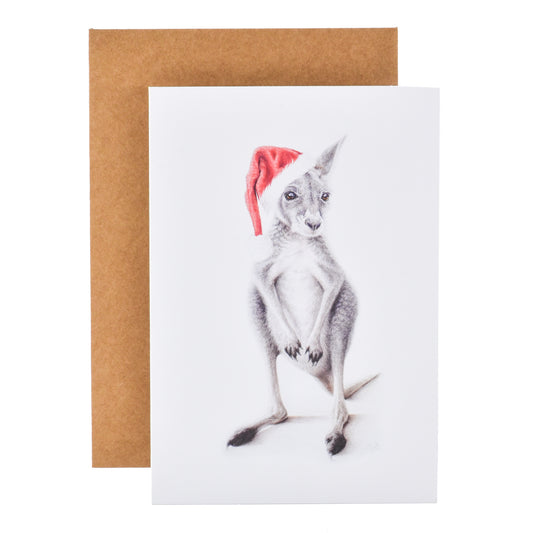 Hallmark Christmas Card - Festive Kangaroo by Sharryn O'Brien with Santa hat, blank inside, and kraft envelope.
