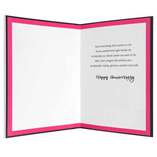 Gorgeous & Meaningful My Partner In Life Anniversary Card, inside view, featuring a pink and black border with heartfelt anniversary message.