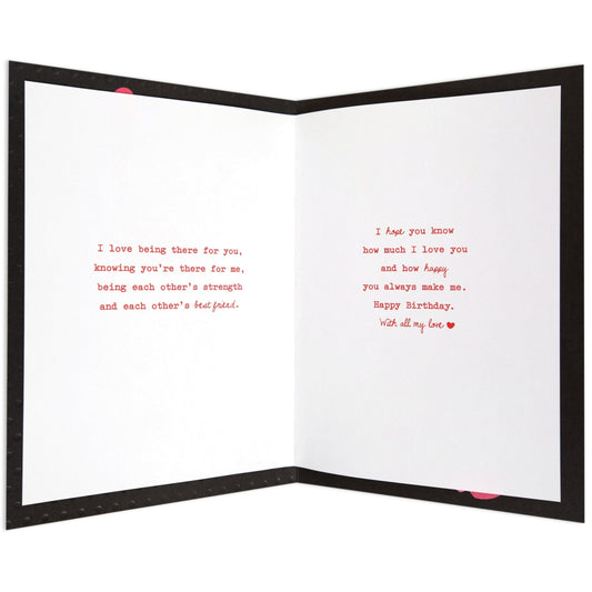 Romantic & Poetic With All My Heart Husband Birthday Card, inside view with heartfelt printed message, black and white theme, red text highlights.