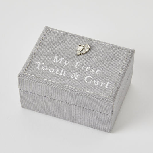 Keepsake Mini Treasures trinket box in grey, designed for storing baby's first tooth and curl, featuring silver foot detail.