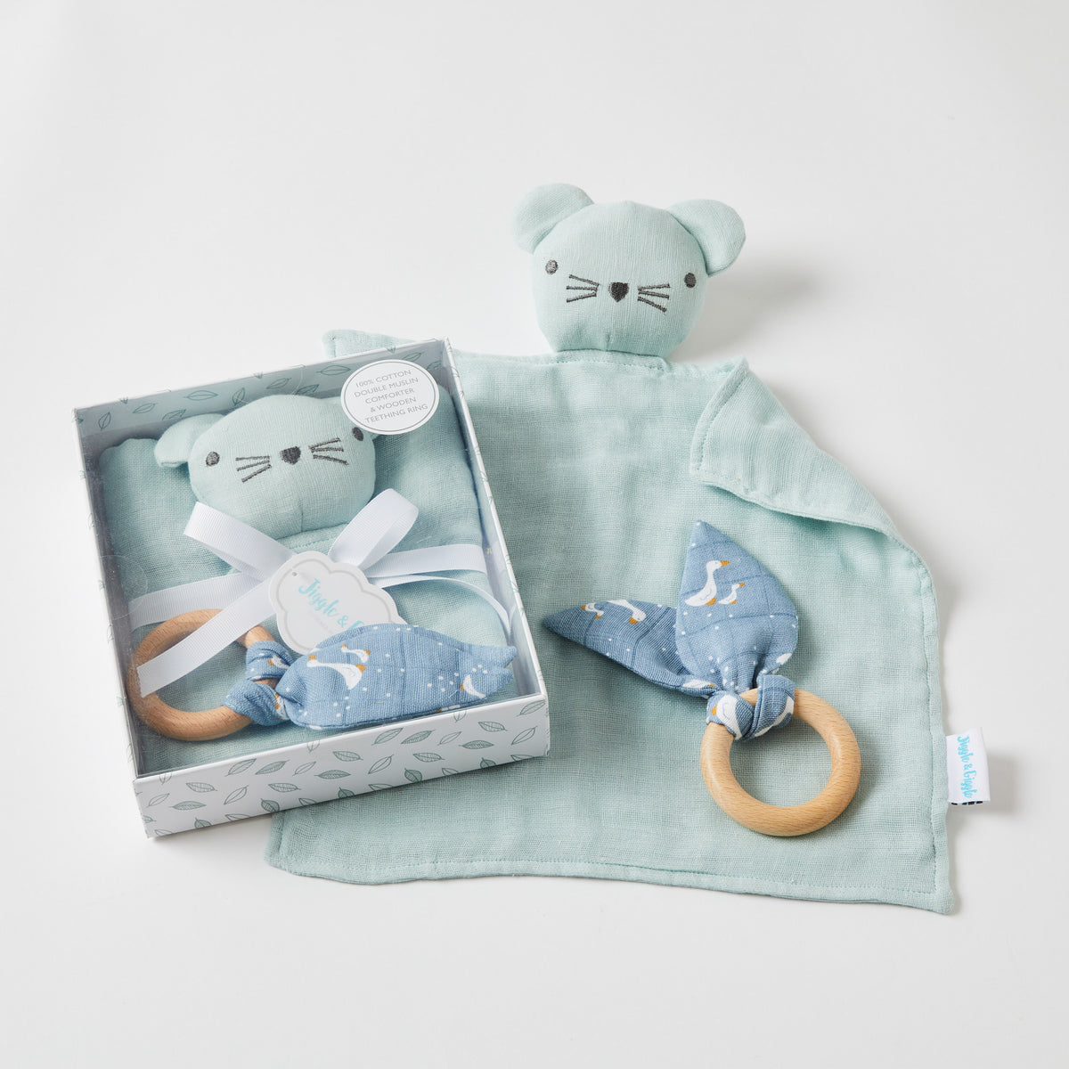 Misty Blue Double Muslin Comforter & Wooden Teething Ring Hallmark