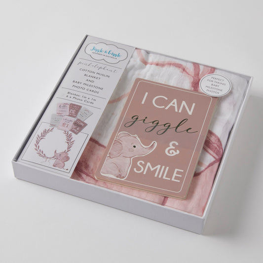 Pink elephant milestone muslin set displayed in gift box with blanket and milestone photo cards, featuring soft pink tones.