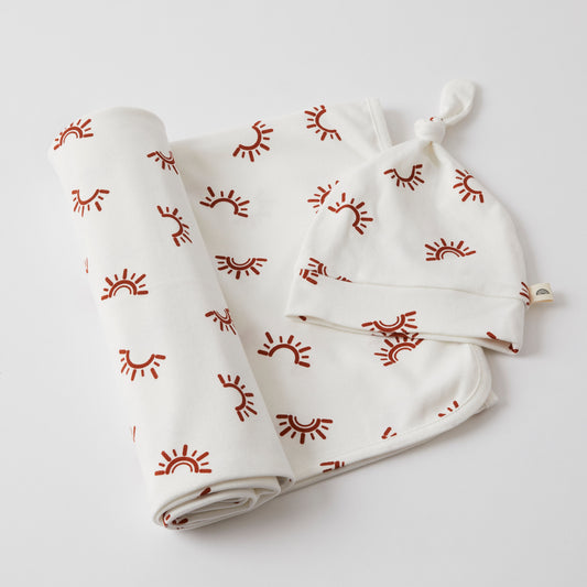 Sunset Jersey Baby Wrap & Knotted Beanie Set