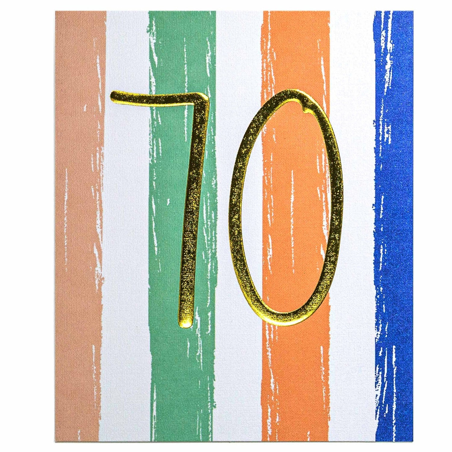 70th birthday card with vibrant striped design and glittery gold number 70, flat lay view, perfect for celebrating milestones.