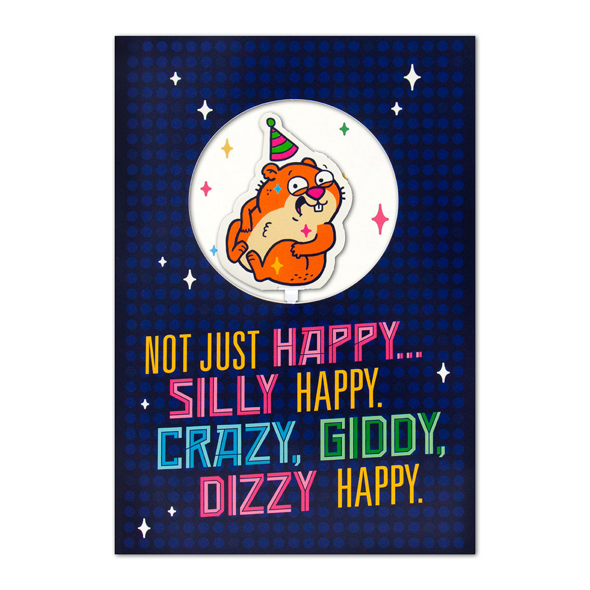 Hallmark Interactive Sound Card - Spinning Hamster with colourful text design featuring a cheerful hamster wearing a party hat.