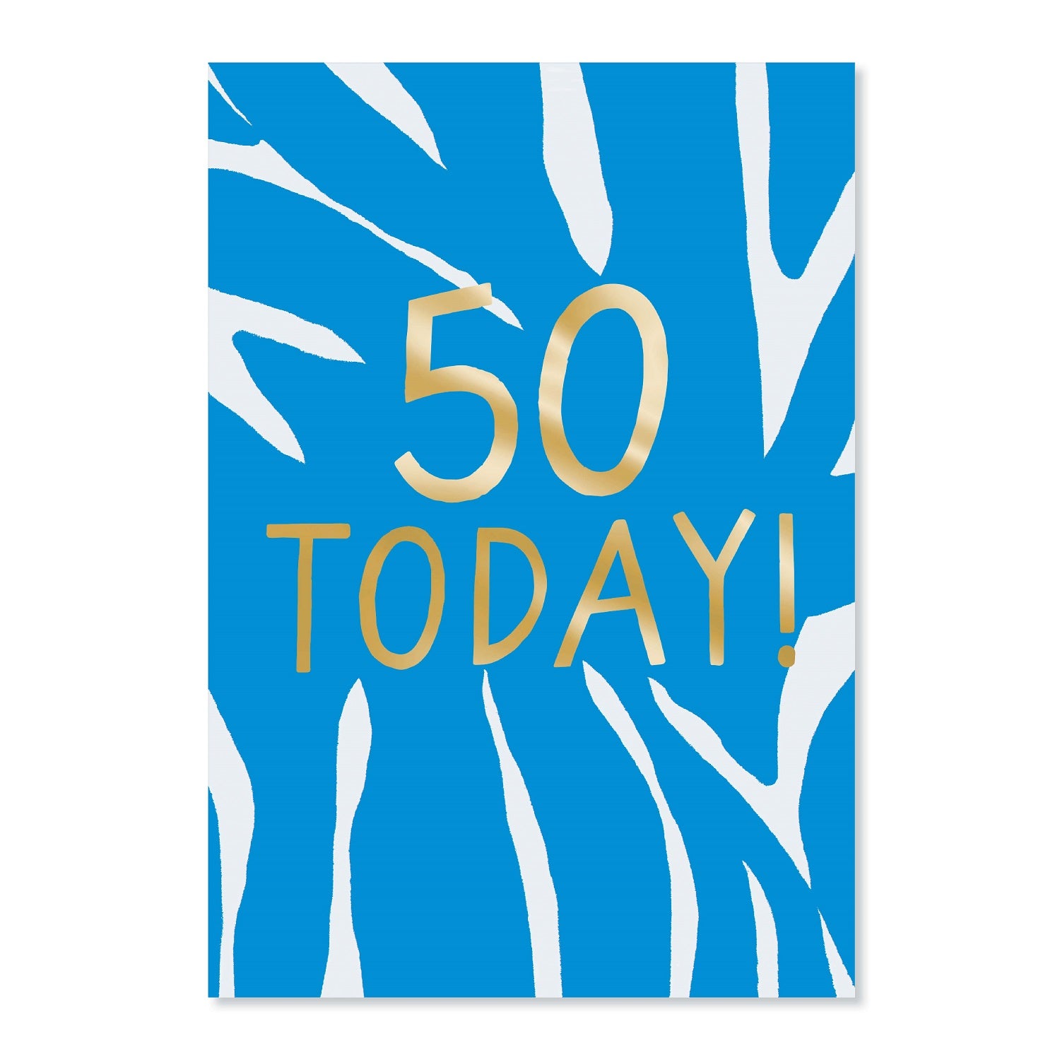 50th birthday card featuring gold foil lettering on a vibrant blue and white zebra print background, flat lay view.