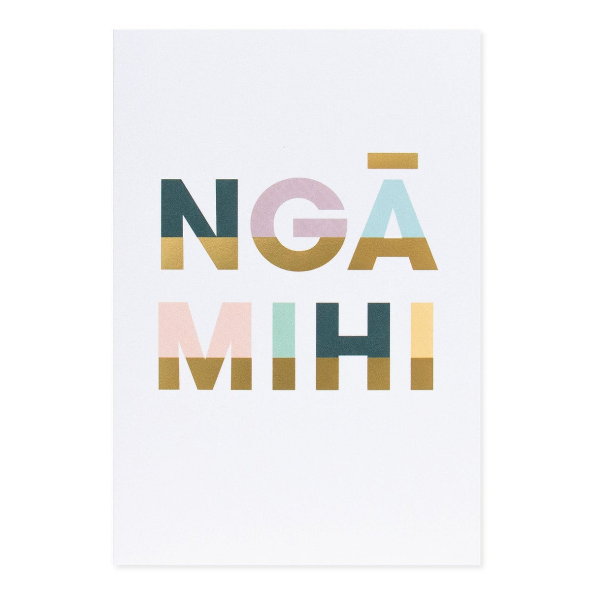Hallmark Māori Card - Thank You featuring colourful block letters spelling 'Ngā Mihi' on a white background, flat lay view.