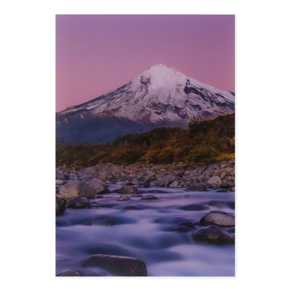 Hallmark Megan Maloney Photographic Card - Blank featuring a dusk scene of Mt Taranaki with flowing river, smooth glossy finish, 17cm x 12cm.