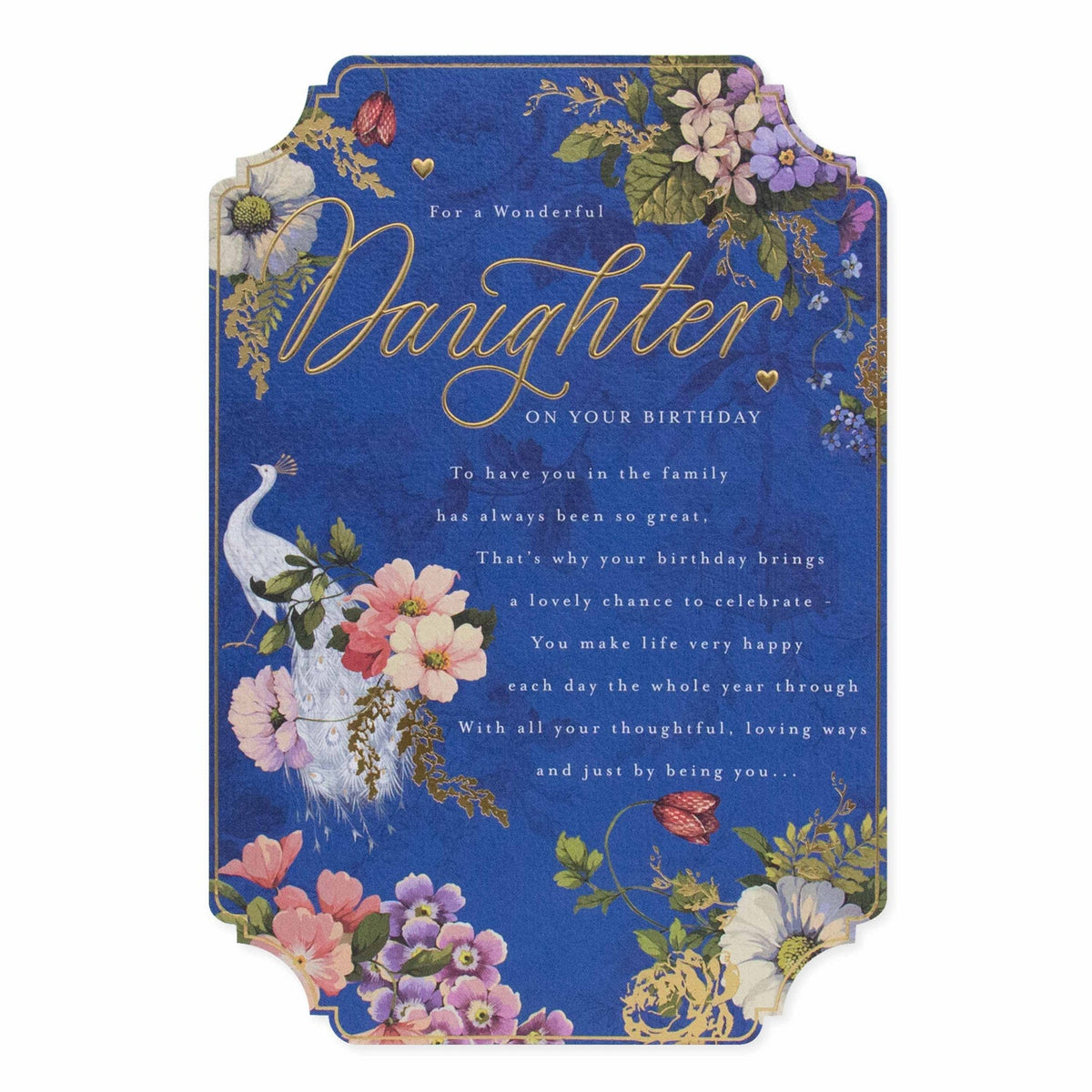 Celebrate your wonderful daughter with this stunning card from Hallmark. Floral design on blue textured stock with gold foil details.