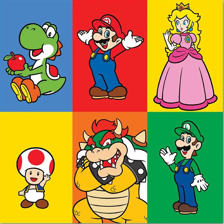 Pop culture greeting cards featuring Mario, Luigi, Yoshi, Peach, Bowser, and Toad in vibrant square backgrounds.