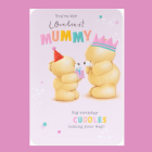 Forever Friends birthday card featuring two bears in party hats, pastel colours, with a heartfelt message for mummy.