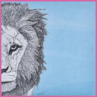 Gallery blank card featuring detailed stippling art of a lion's face on a blue background.