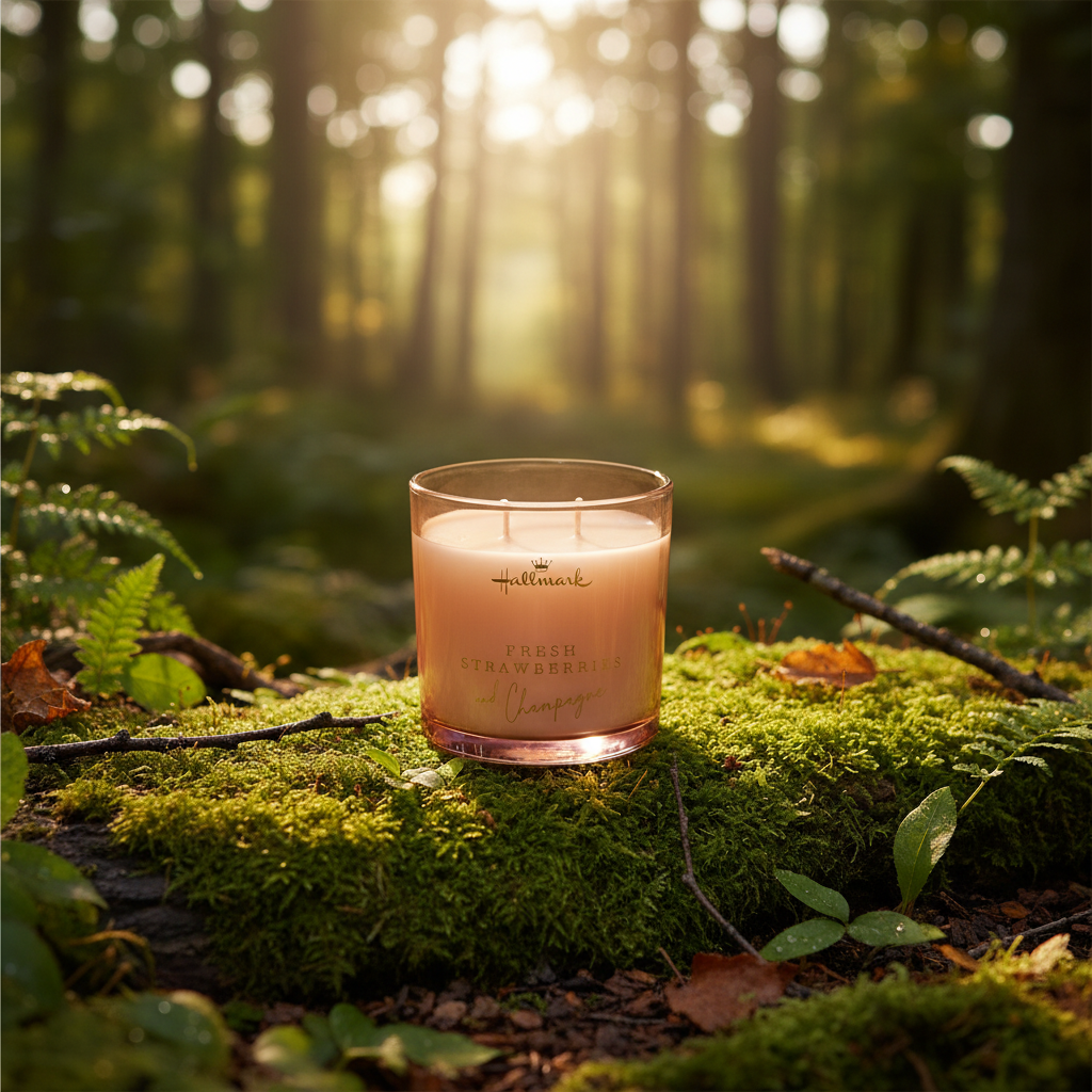 Candles & fragrance, fresh strawberry scent, glass jar, surrounded by lush green moss in a sunlit forest.