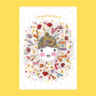 Meredith Gaston collection card featuring a joyful character design with celebratory elements in bright colours, on a white background.