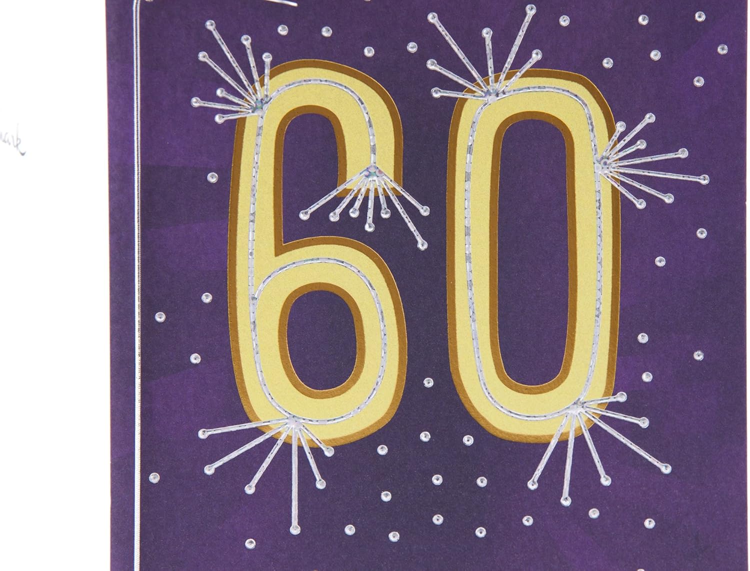 60th birthday card featuring bold yellow numbers with sparkling embellishments on a purple background, close up design detail.