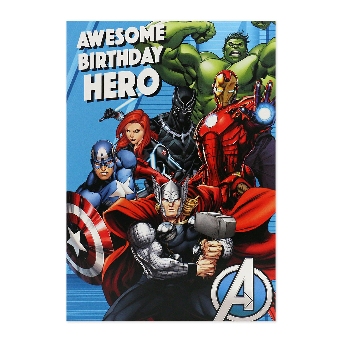 Hallmark Interactive Sound Card - Avengers featuring superhero illustrations and 'Awesome birthday hero' message on blue background.