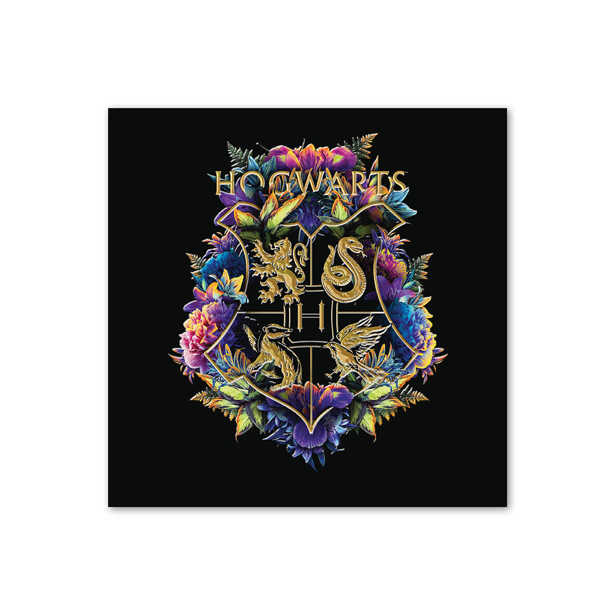 Hallmark Harry Potter™ Hogwarts Greeting Card with intricate Hogwarts crest design and neon floral background.