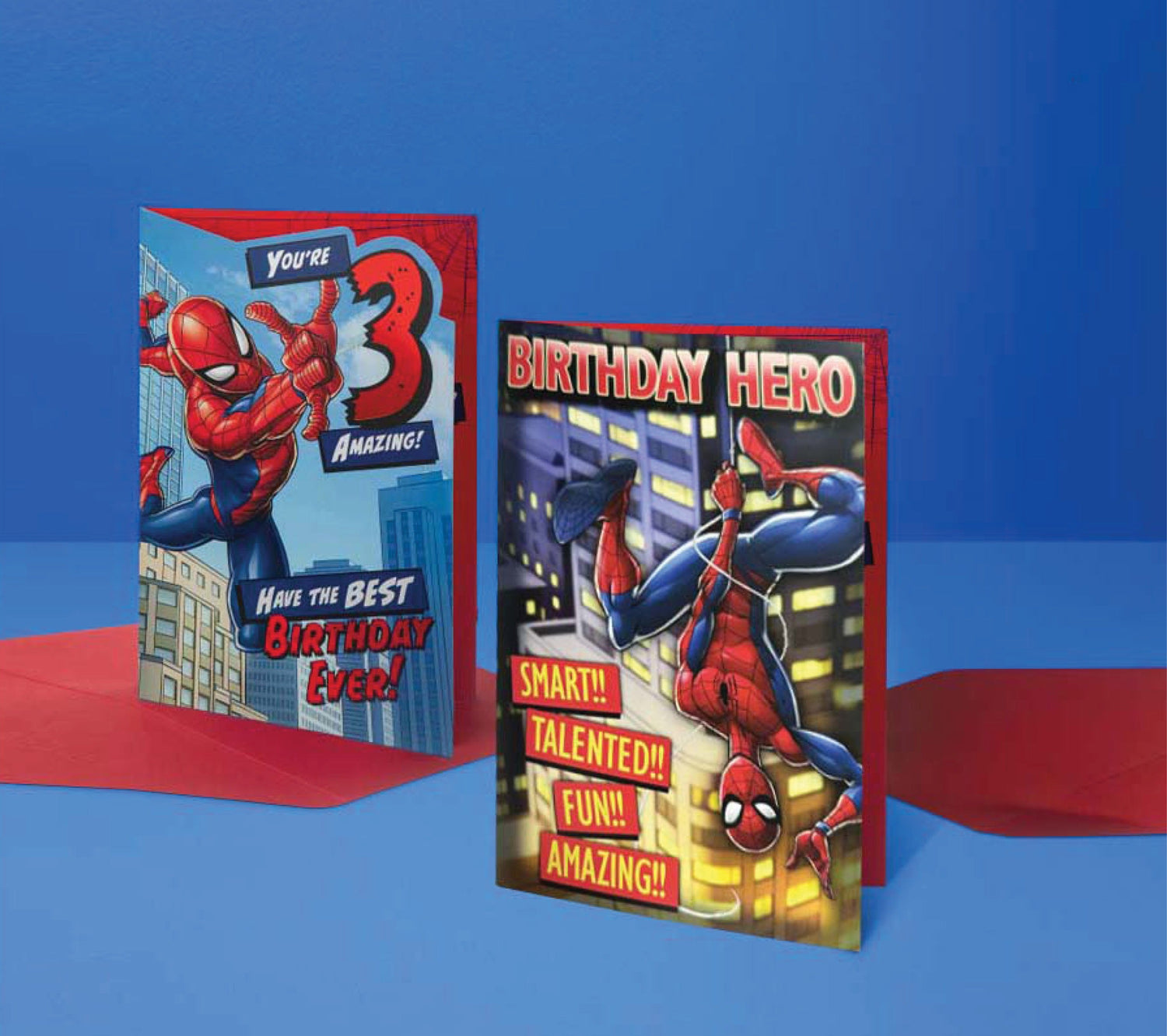 Marvel birthday cards featuring Spiderman designs with vibrant colours and red envelopes, ideal for young superhero fans.