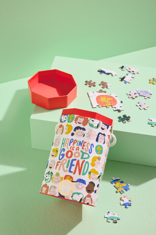 Peanuts® Gang Happiness Is 550 Piece Jigsaw Puzzle box design featuring cheerful characters with a red container on a green background.