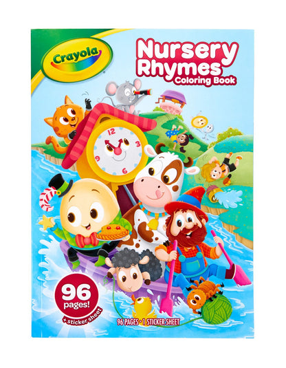 Crayola Nursery Rhymes Coloring Book cover featuring colorful cartoon animals and a clock on a bright blue background, with text indicating 96 pages and a sticker sheet.