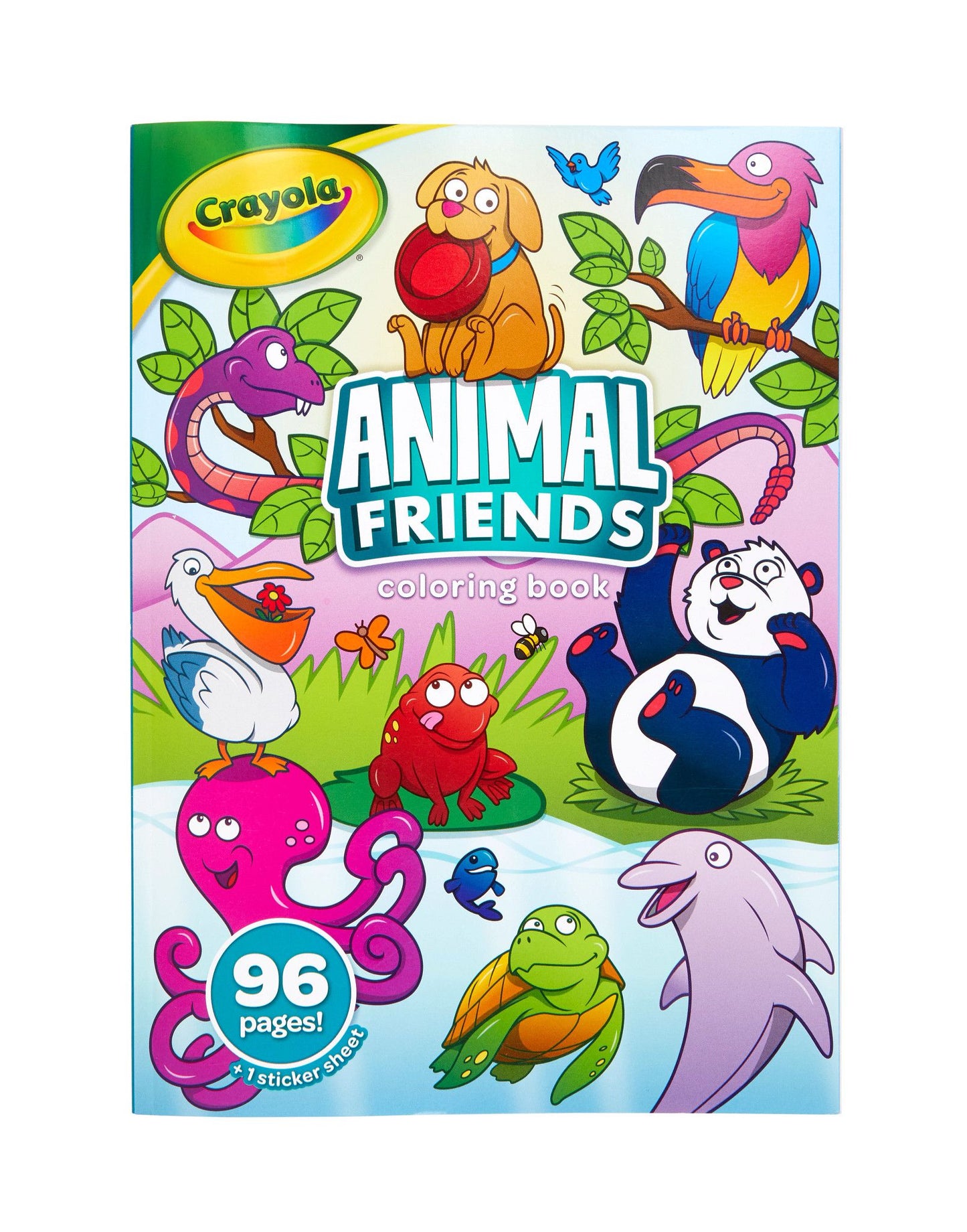 Crayola Animal Friends coloring book cover featuring colorful cartoon animal illustrations including a parrot, panda, octopus, dolphin, turtle, and others, with the title 'Animal Friends coloring book' and a '96 pages!' badge.