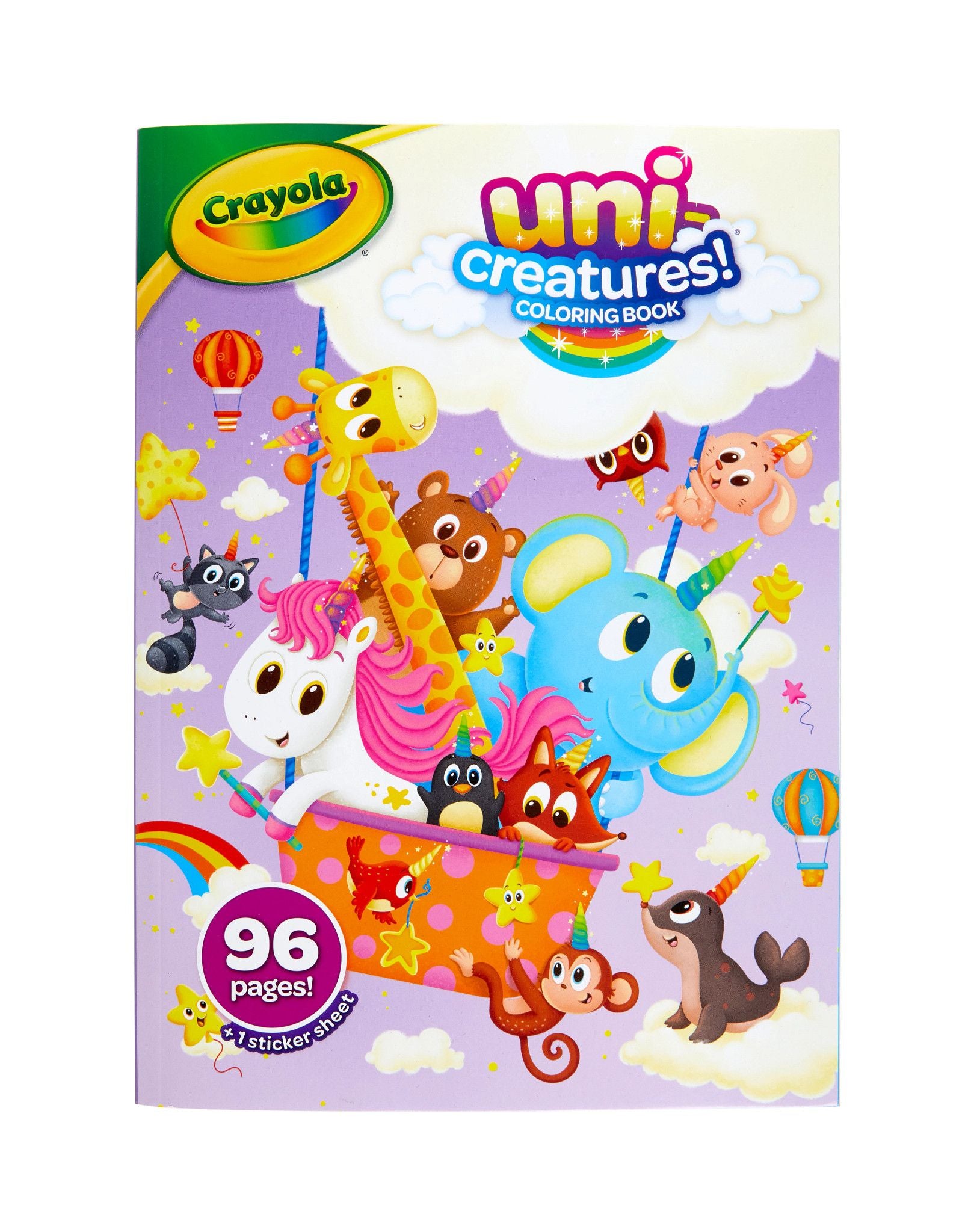 Crayola Uni-Creatures Coloring Book cover featuring a colorful cartoon illustration of unicorn-themed animals on a light purple background.