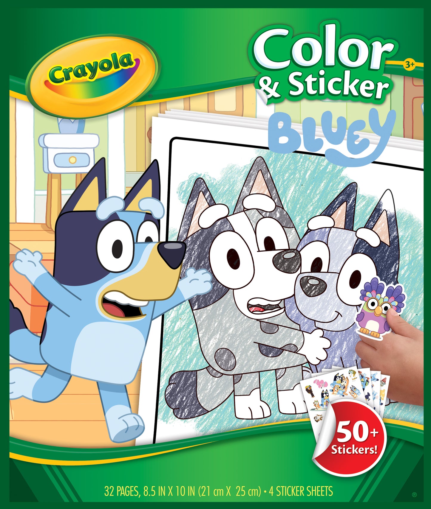 Crayola Color & Sticker book featuring Bluey and her siblings with a green border.