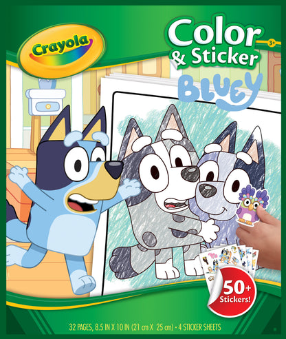 Crayola Color & Sticker book featuring Bluey and her siblings with a green border.