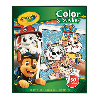 Crayola Color & Sticker PAW Patrol activity book featuring Paw Patrol characters on the cover, with a green background and a red badge indicating 50+ stickers.