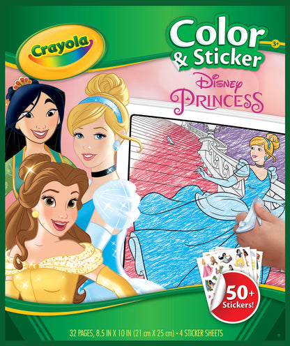 Crayola Disney Princess Color & Sticker activity book cover, featuring illustrated princess characters and a hand holding a sticker, with text indicating 32 pages and 50+ stickers.