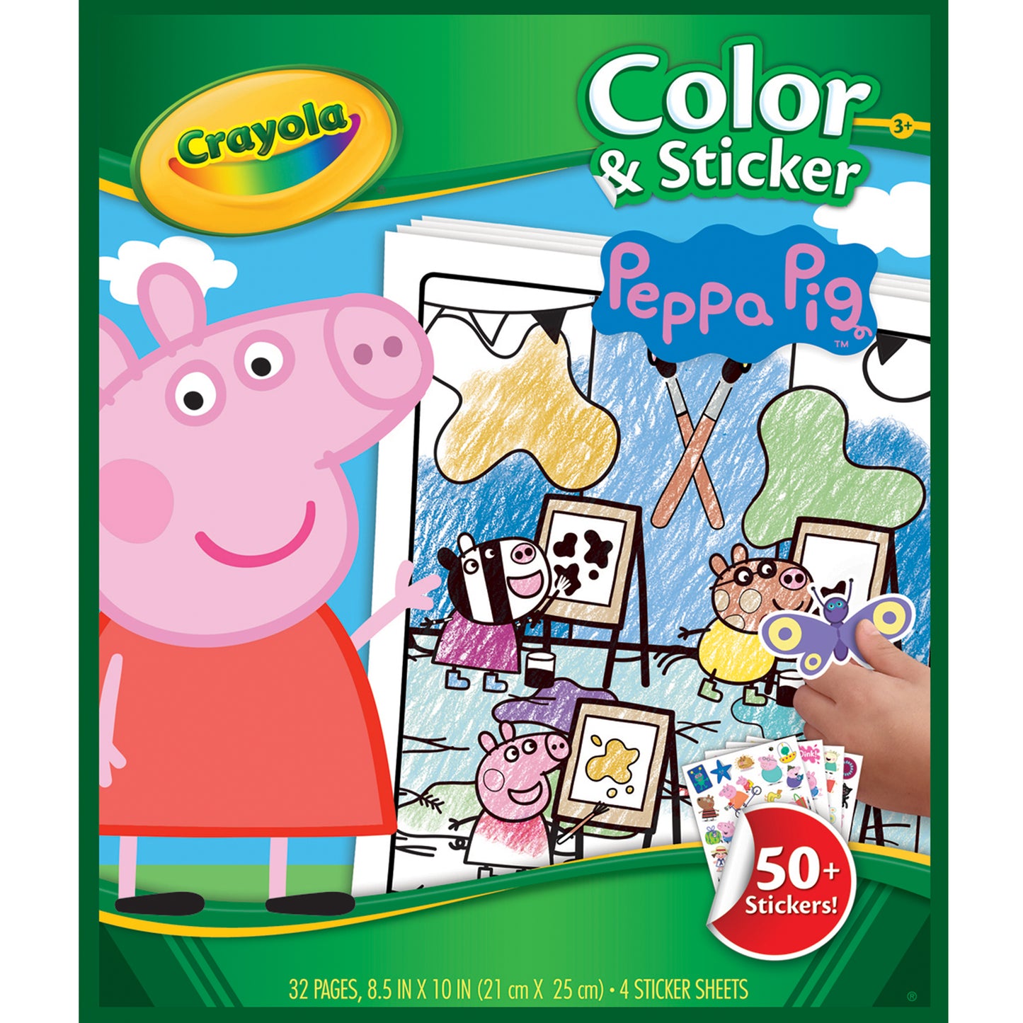 Crayola Color & Sticker Peppa Pig activity book and sticker set packaging, featuring Peppa Pig illustrations, a coloring page preview, and a hand holding a sticker sheet on a green background.