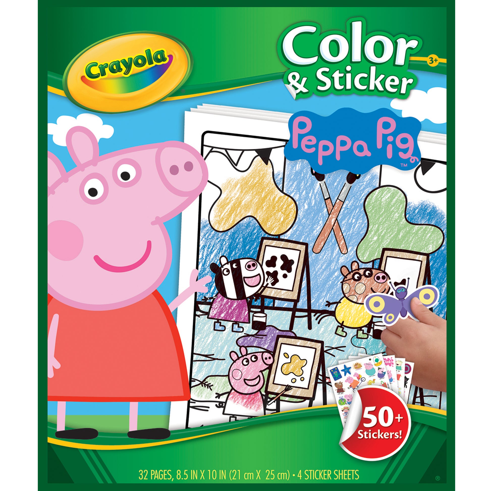 Crayola Color & Sticker Peppa Pig activity book and sticker set packaging, featuring Peppa Pig illustrations, a coloring page preview, and a hand holding a sticker sheet on a green background.