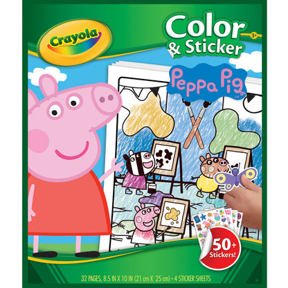 Crayola Color & Sticker Peppa Pig activity book and sticker set packaging, featuring Peppa Pig illustrations, a coloring page preview, and a hand holding a sticker sheet on a green background.