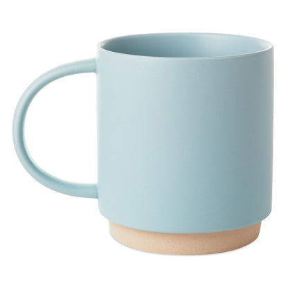#1 Dad Banner Mug, 16 oz., blue ceramic with wide handle, showcasing unglazed recessed base.
