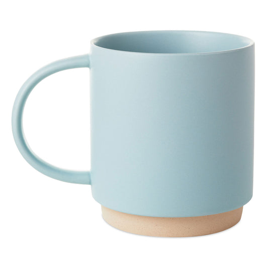 #1 Dad Banner Mug, 16 oz., blue ceramic with wide handle, showcasing unglazed recessed base.