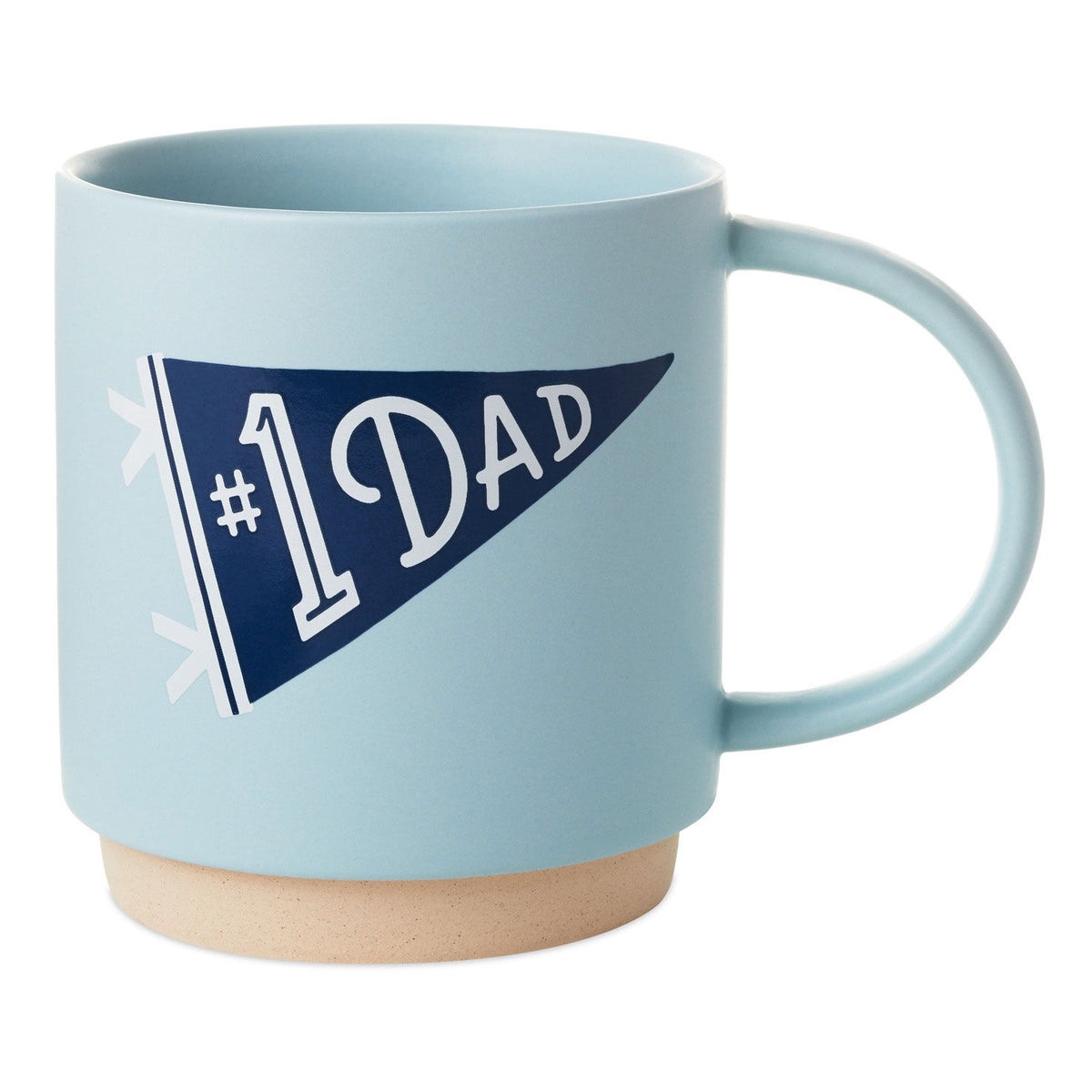 #1 Dad Banner Mug, 16 oz, blue ceramic with pennant design and unglazed base, angled view