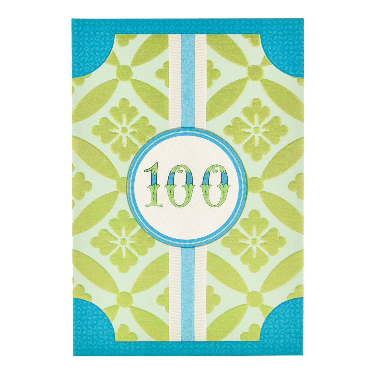 Hallmark 100th Birthday Card - 100 years, colourful design with green and blue patterns, featuring '100' prominently on the front.