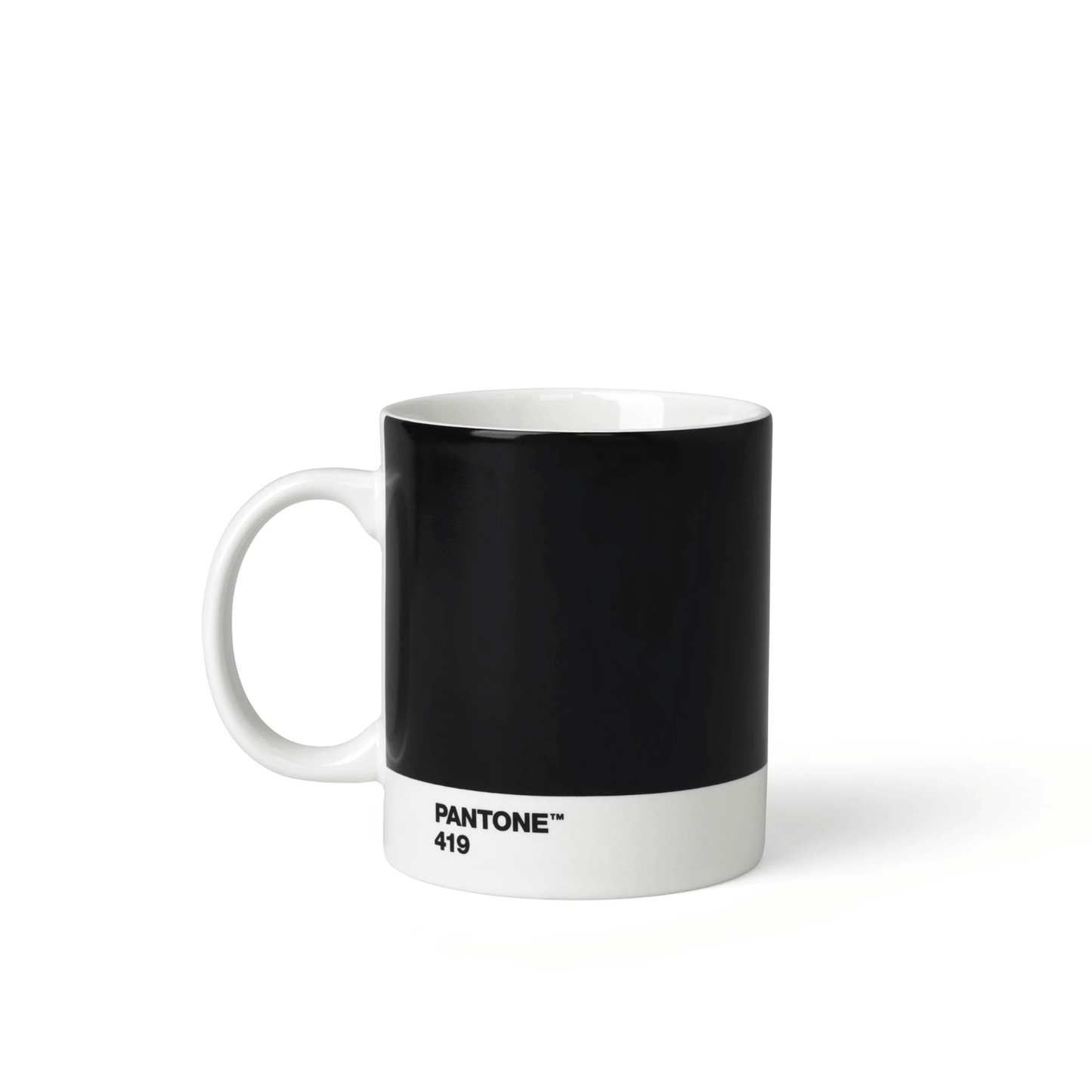 Pantone mug, Black 419, fine china, angled view showcasing sleek black finish and contrasting white base.