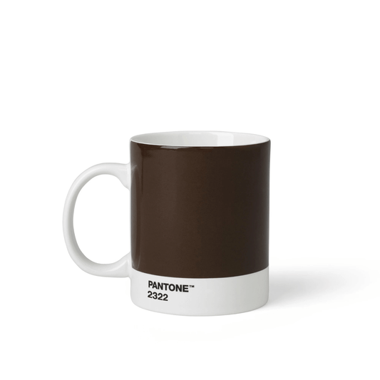 Pantone mug, brown 2322, fine china ceramic, angled view showing glossy finish and branding detail.