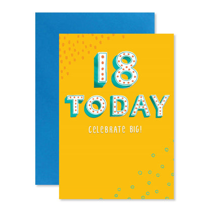 Connections from Hallmark 18th Birthday Card - 18 TODAY, CELEBRATE BIG! bright yellow with aqua and red accents, flat lay view.