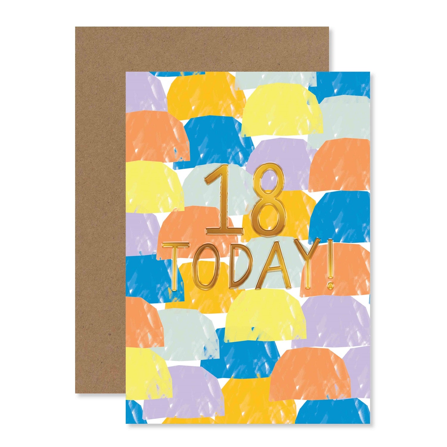 Connections from Hallmark 18th Birthday Card - 18 TODAY featuring colourful pattern and gold foil lettering, flat lay with kraft envelope.