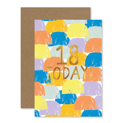 Connections from Hallmark 18th Birthday Card - 18 TODAY featuring colourful pattern and gold foil lettering, flat lay with kraft envelope.