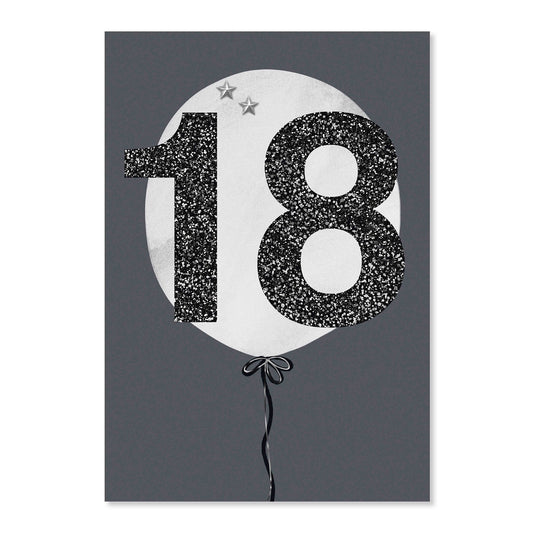 Connections from Hallmark 18th Birthday Card - 18 featuring glittery black numbers and a decorative balloon design against a grey background.