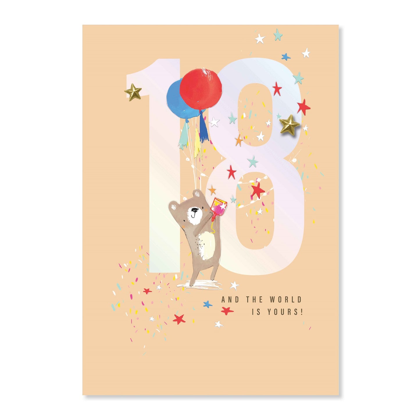 Connections from Hallmark 18th Birthday Card - 18 AND THE WORLD IS YOURS! featuring a bear holding balloons with gold star accents.