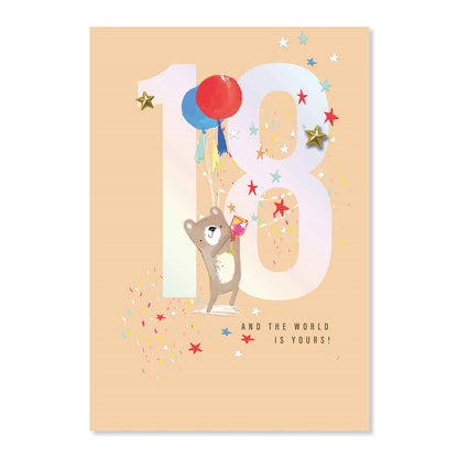 Connections from Hallmark 18th Birthday Card - 18 AND THE WORLD IS YOURS! featuring a bear holding balloons with gold star accents.