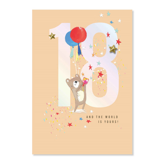 Connections from Hallmark 18th Birthday Card - 18 AND THE WORLD IS YOURS! featuring a bear holding balloons with gold star accents.