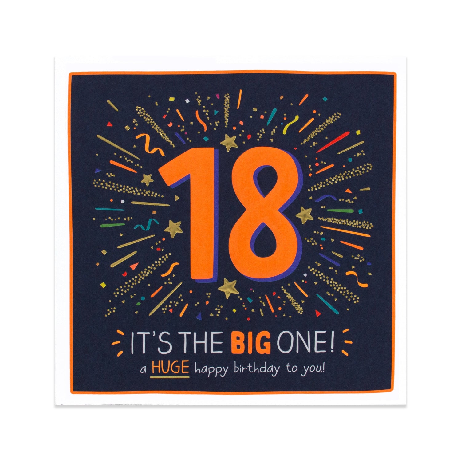 Hallmark Happy Jackson 18th Birthday Card - Big One featuring vibrant neon colours, confetti illustrations, and embossed '18' design.