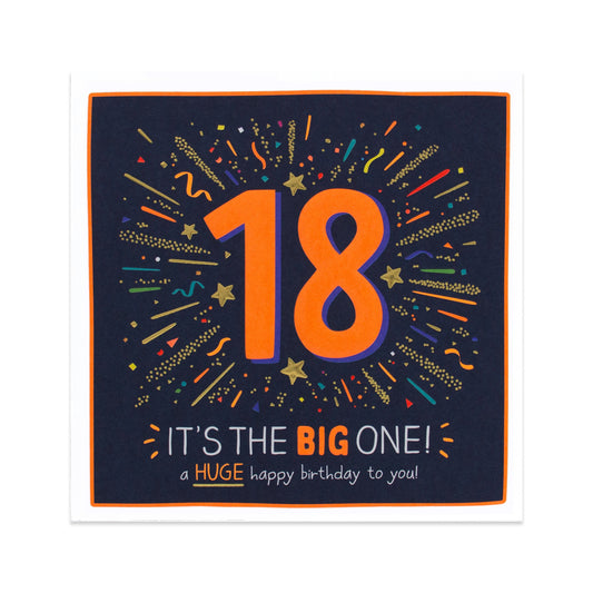 Hallmark Happy Jackson 18th Birthday Card - Big One featuring vibrant neon colours, confetti illustrations, and embossed '18' design.