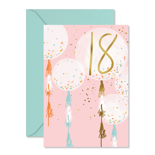 Hallmark 18th birthday card - fun, celebrations & big adventures featuring pastel pink background with gold foil '18' and colourful balloons.